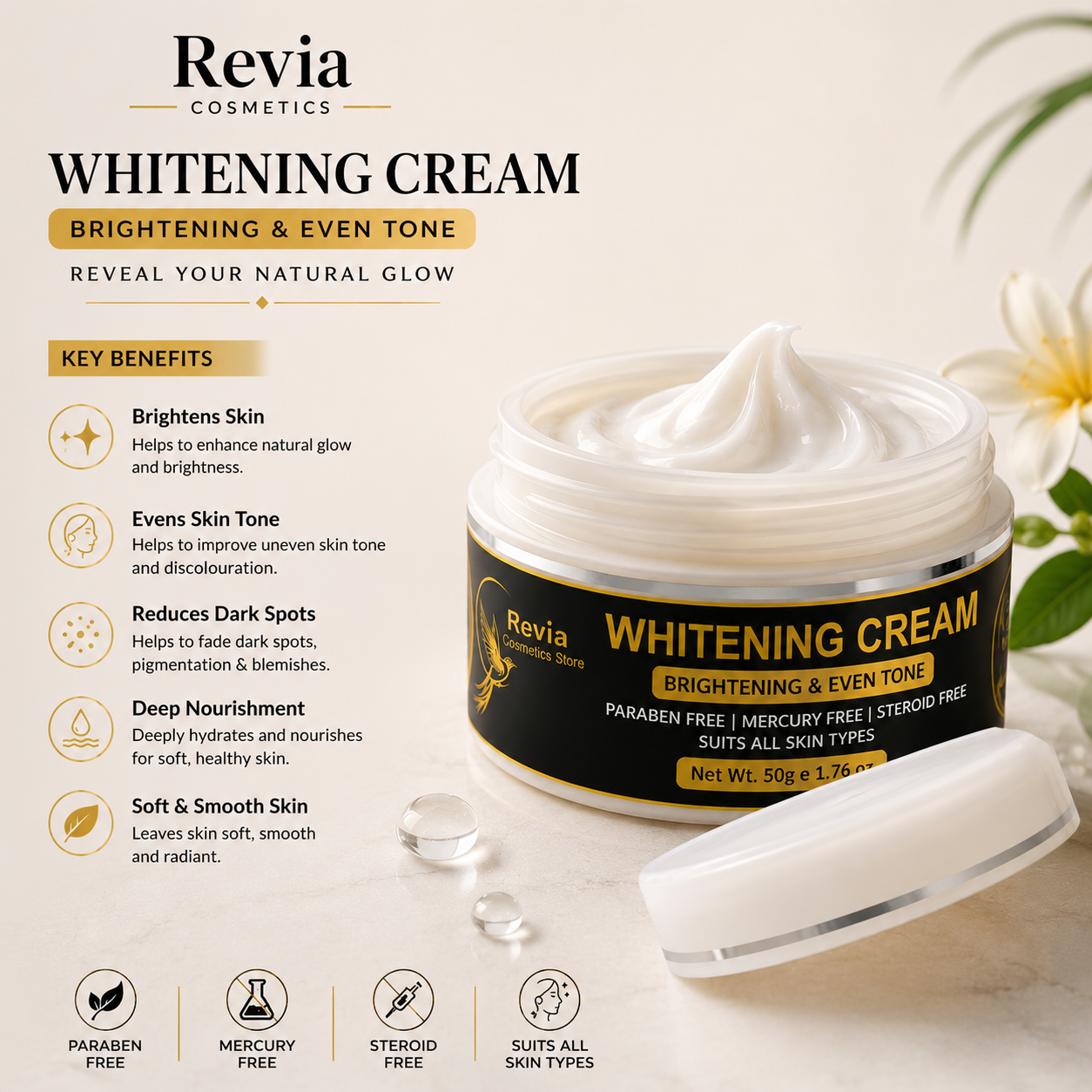 Revia Whitening Cream – Instant Glow & Skin Brightening Formula ✨